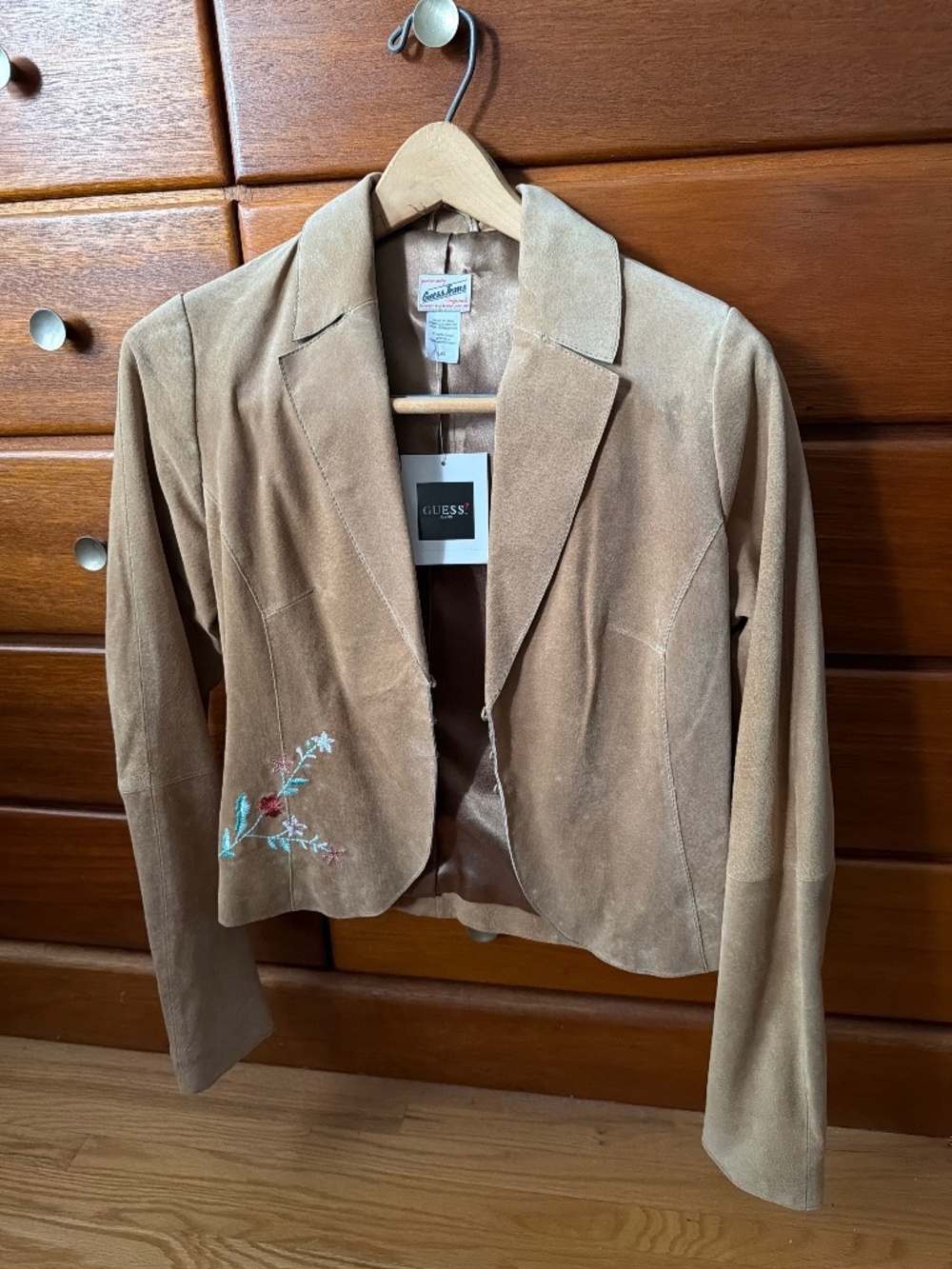 Stunning Guess Leather Cropped Jacket with flower embroidery - large (fits med)